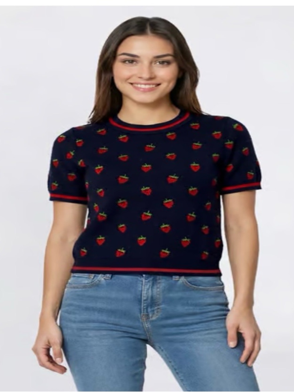 Women’s Navy Short-Sleeve Strawberry Knit Crew Sweater - Adrianna Papell size: M